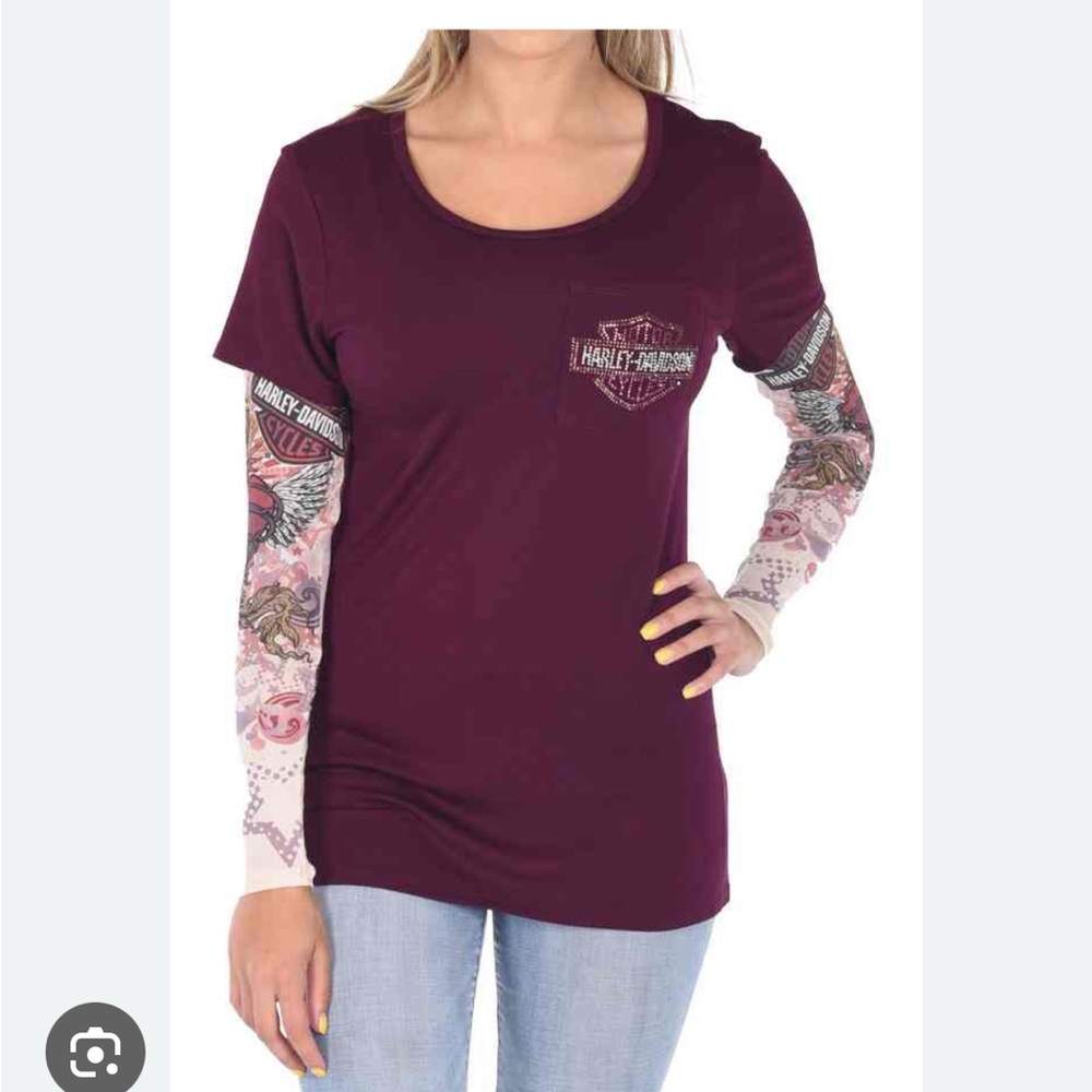 Harley Davidson Women’s Hearts on Fire Long Sleeve Scoop Neck Tee, Plum